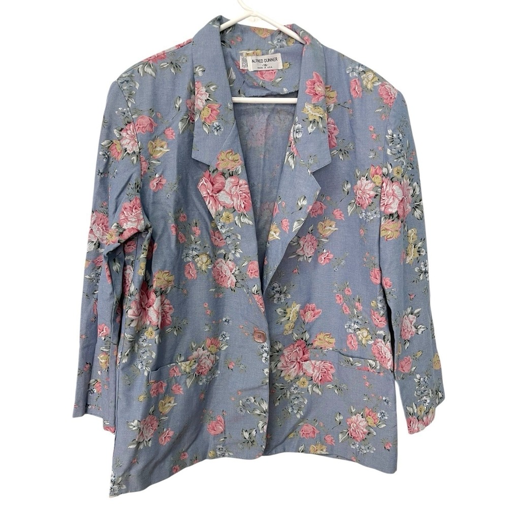 Alfred Dunner 16 Blue Floral Blazer Single Button Rose Print Cottagecore Vintage